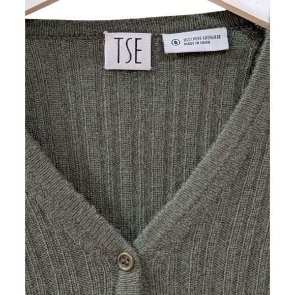 TSE Women's Small Green 100% Cashmere Ribbed Knit Button Sweater Lightweight - Picture 3 of 3